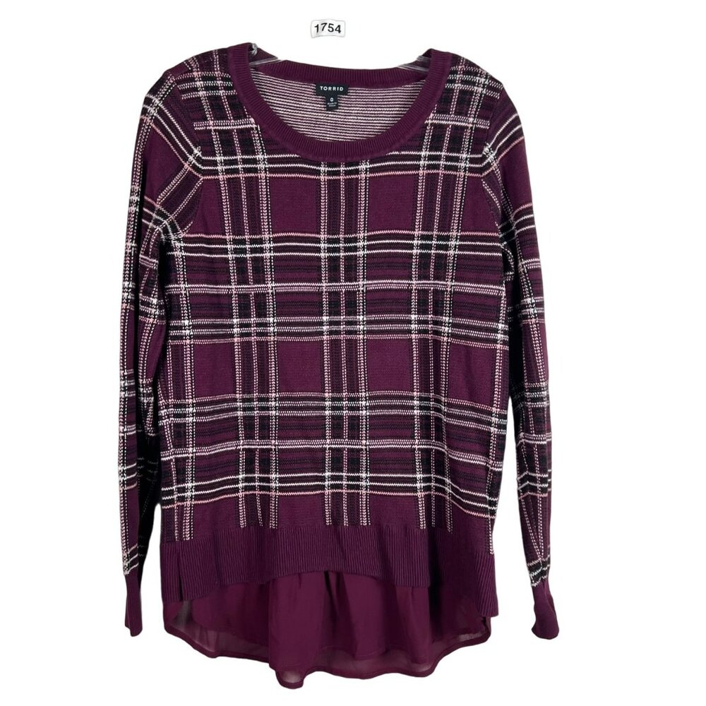 🟣🟣🟣 Torrid Size 0 Burgundy Plaid Chiffon Hem Pullover Crew Neck Sweater